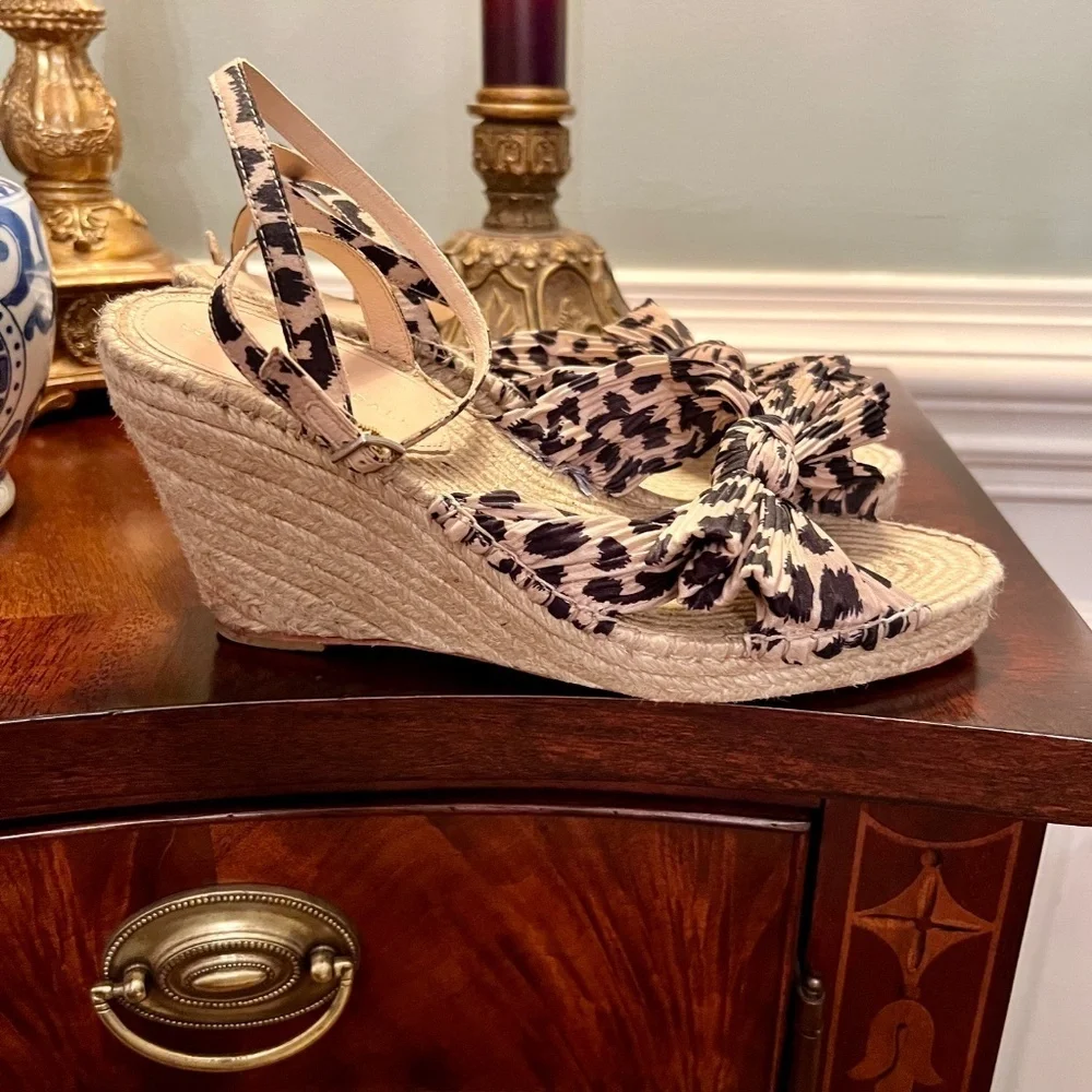 EUC Loeffler Randall Charley Leopard Knotted Bow Wedge Espadrille Sandals 8.5 B